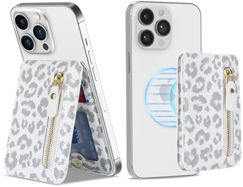Zouzt for MagSafe Wallet, Magnetic Card Holder with Zipper, White Leopard | Premium PU Leather, Slim Phone Wallet for iPhone 17 Pro Max/17 Pro/Air/17/16 Pro Max/16 Pro/16 Plus/16/16e/15/14/13/12 Series
