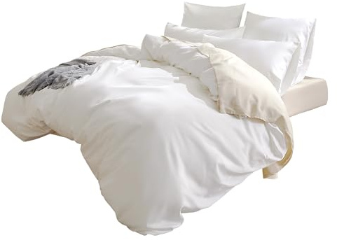 Sonive Juego de Funda nórdica de satén de algodón de 400 Hilos, 155x220 cm, 80x80 cm x 2, Blanco