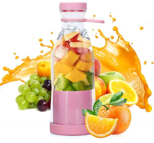 mizikuu Tragbarer Mixer, 380 ml Smoothie Maker Mini Standmixer usb Blender Smoothie Mixe mit 6 Klingen Ice Crusher für Reisen von Outdoor-Sportarten zu Hause, Rosa