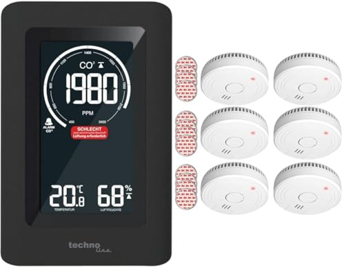 Technoline Co2 Messgerät WL1030, CO2-Anzeige, mit grafischen & ELRO FS1805M FS1805 6-Pack Rauchmelder mit Magnetklebe Kit-5 Jahre Batterie und Garantie/DIN EN14604, 6 Stück