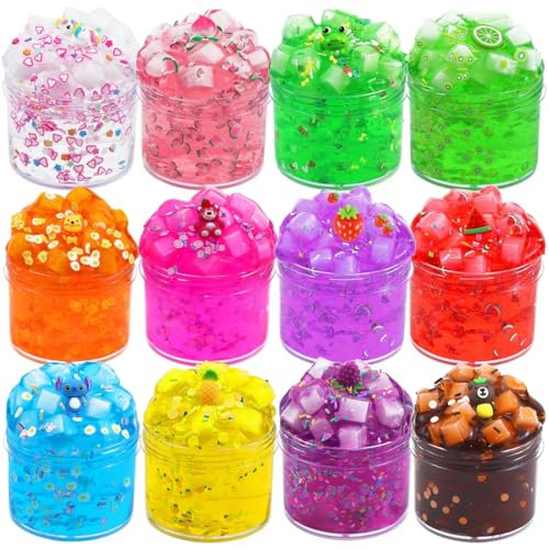 Slime Kits for Girls, 12 Packs Clear Slime Jelly Crunchy Kit, Non Sticky Slime Set for Kids, DIY Premade Crystal Glue Boba Slime, Super Soft Sludge Toy