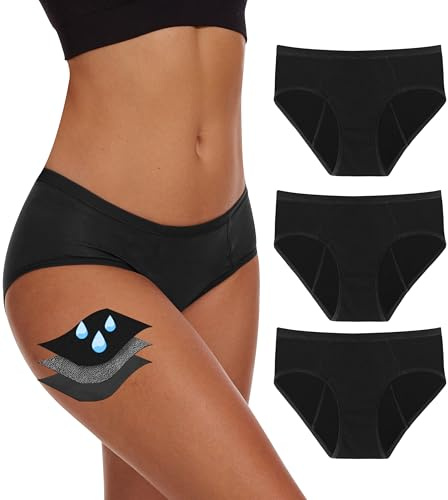 YESWEL Period Underwear For Women, Leak-Proof Hipster, Brief, Heavy Flow, 3 Pack (Large, Black)