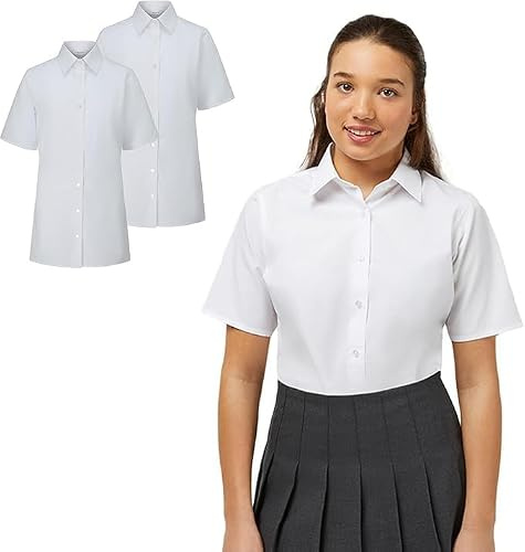 Trutex Basics Girls White School Shirts, Multipack – Short Sleeve Regular Fit Cotton-Rich Easy Iron White School Blouses for Girls – Age 10 (2 Pack)