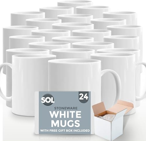 SOL White Mugs Set of 24 - Stoneware Microwave Safe - Plain White Mugs 11oz | Microwave & Dishwasher Safe Stoneware for Coffee & Tea, Multipack Scratch Resistant Plain Mugs to Decorate, 24pk x 11oz