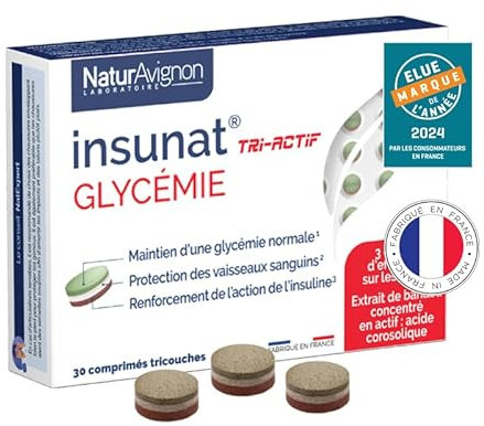 NaturAvignon Insunat Tri-Actif | Glycémie | Aide à Réguler Le Taux De Sucre (glycemie) | Banaba, Cannelle, Zinc, Vitamine C, chrome complément alimentaire | Fabriqué en France | 30 comprimés