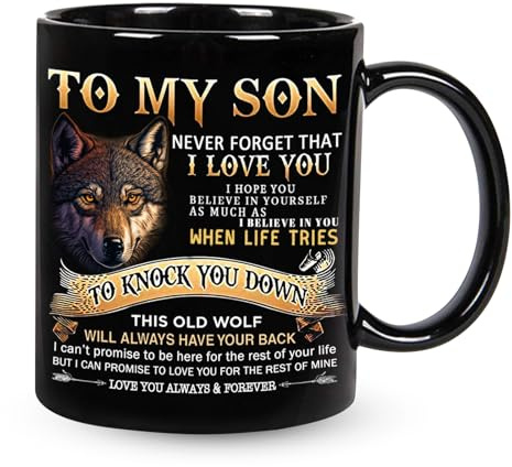 Gifts for Son Coffee Mug 11 Oz, to My Son Wolf Mug from Mom & Dad, Perfect for Birthday, Valentine's Day, Father's Day, Graduation, and Christmas (Black)