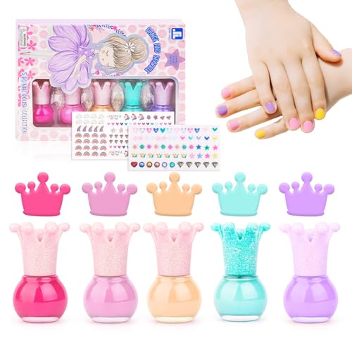 Kindernagellack Set – Abziehbarer Kinder-Nagellack, 2 Nagel-Stickerbögen + 5 x 5ml Farben, Wasserbasiert & Schnelltrocknend, Glitzerndes Nagelstudio-Set als Geschenk für Mädchen