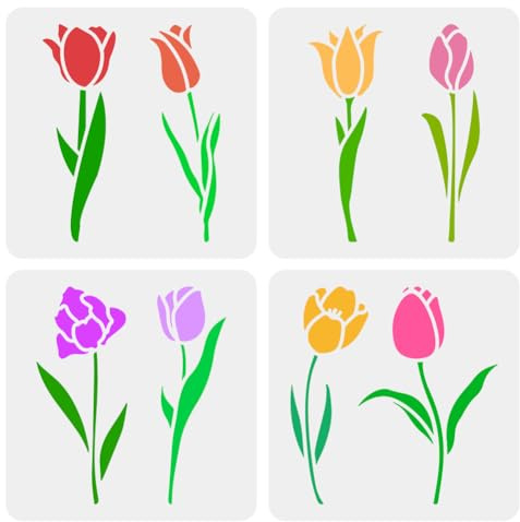 FINGERINSPIRE 4 stencil a tulipano singolo per dipingere 15 x 15 cm, modelli di tulipani decorativi, stencil decorativi in plastica PET, modelli da disegno, stencil a tema pianta per decorazioni per