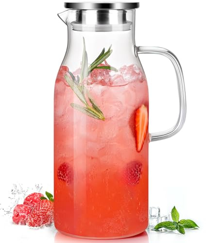 LUNA&MANTHA Glass Pitcher, 2 Liter 68oz Water Pitcher with Lid and Spout, Large Ice Tea Jug for Fridge, Thick Drink Jug with Handle for Juice, Coffee, Borosilicate Glass Carafe Hot/Cold Beverage