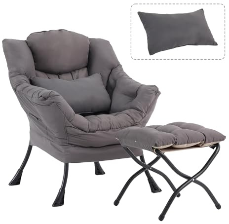 DreamNook Lazy Chair with Ottoman, Modern Accent Chair with Lumbar Pillow, Dark Grey Sofa, Armchairs with Folding Footrest, Oversized Supportive Chairs for Bedroom, Reading