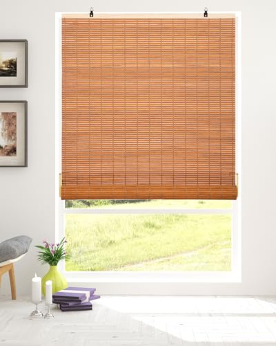 Chryeiiu 36''W X 72''H Cordless Bamboo Roman Shades, Light Filtering Roll Up Bamboo Blinds for Interior Window Home Patio Porch, Yellow Brown