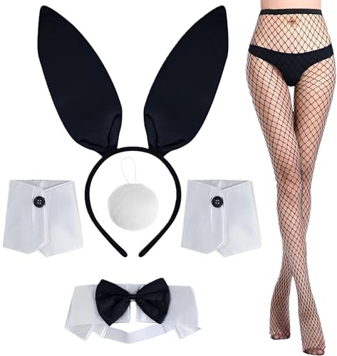 5 stycken damkostymset kaninöron, pannband, krage, rosett, knytband, rosett, knytband, manschetter, kaninsvans för påskfest, kaninkostym kvinnor, kaninöron, kostym, vuxen, bunny kostym