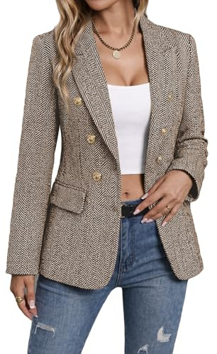 Mina Self 2024 Tweed-Blazer für Damen, Weihnachten, vollständig gefüttert, warm, modisch, lässig, elegant, Arbeitsjacke, Manteltaschen, Fischgräten/Braun, XL