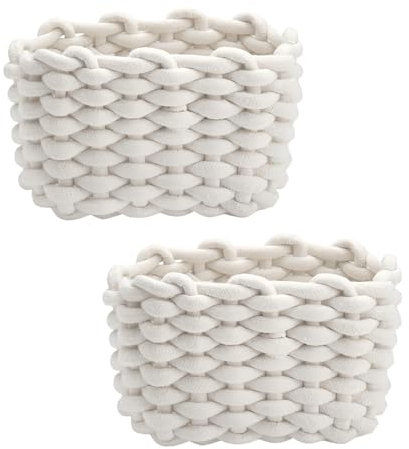 JAONLD 2 Pièces Panier Rangement Bébé Panier de Rangement en Corde de Coton Petit Panier Tressé Carré Paniers de Rangement à Langer Convient pour Chambre de Bébé, Chambre, Salon (Blanc)