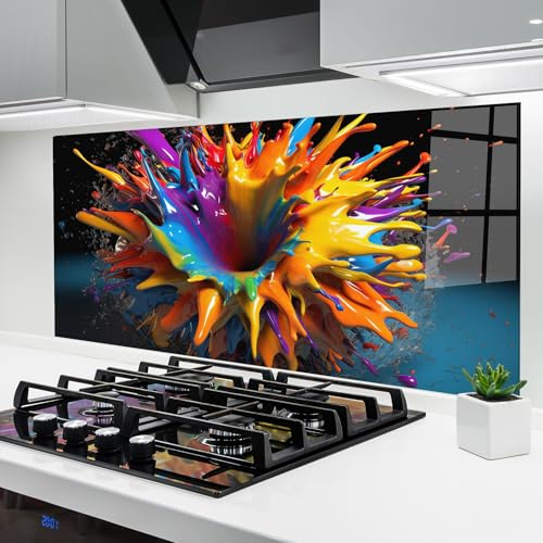 ARTHUB® Küchenrückwand aus Glas 60x120 cm, 4mm ESG | Spritzschutz, Glasplatte, Herdspritzschutz, Wandschutz für Herd, Hartglas, Abstrakte, Leuchtende Farben, 3D Color Splash