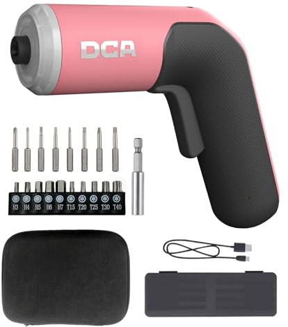 DCA Tournevis électrique 4V, 5 N·m avec batterie Li-ion 2000 mAh, mandrin hexagonal magnétique 6,35 mm, câble de charge USB-C, 18 embouts pour réparations de meubles, rose