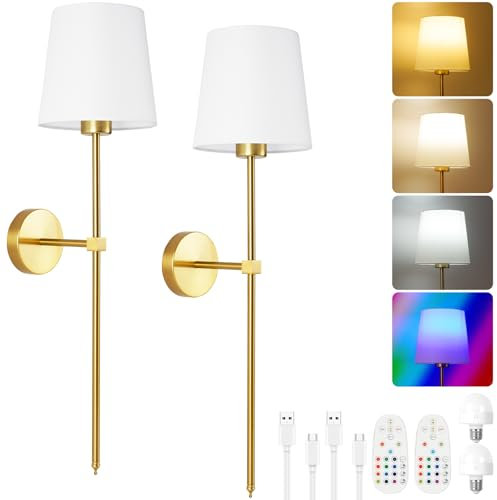 HOTUT Battery Operated Wall Lights Set of 2, Wireless Wall Lamps with Remote, Gold Rechargeable Wall Lights, 12 Colors Dimmable Detachable Bulbs, Wireless Wall Sconces for Bedroom Living Room Hallway
