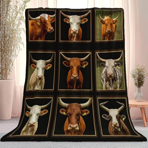 Coperta Plaid Pile Animale Patchwork Di Longhorn Coperta per divano per ragazze e ragazzi adulti Nero Coperta in flanella stampata per pisolino 200 x 220 cm Coperta morbida e accogliente
