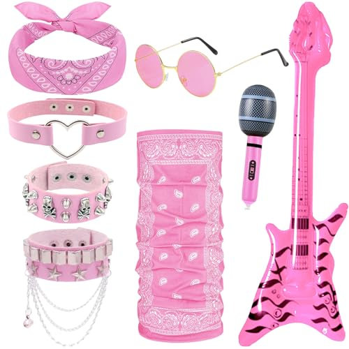 8Pcs Pink Rocker Costume Set, Punk Gothic Fancy Dress with Inflatable Bass Microphone Bracelets Collar Glasses Bandana Mask Rock Star Heavy Metal Accessories for Women Adult Cospay Disco Party