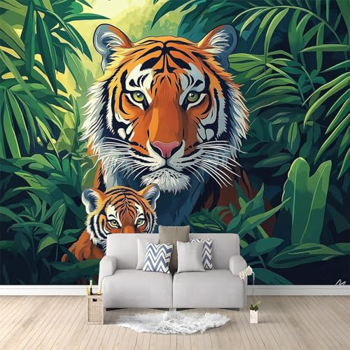 Papel Tapiz Fotográfico Fotomurale Selva De Dibujos Animados Tigre 250 x 175 cm Art Mural Cafe Restaurant Dormitorio Decoración para el Hoga Murales Papel Pintado a Papel Fotomural Dormitorio