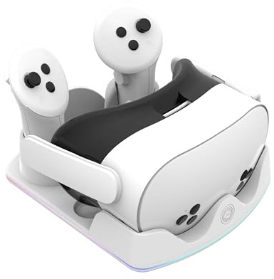 TicEaik Base de carga para Meta Quest 3S/3/2 - Estación de carga de luz RGB, accesorios para gafas de realidad virtual con soporte para auriculares y controlador