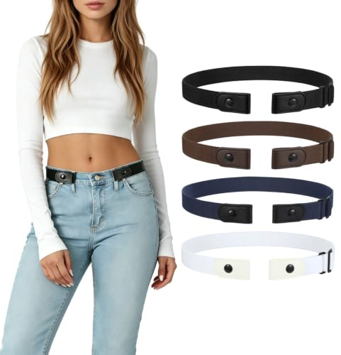 LEACOOLKEY 4 Stück ohne Schnalle Elastischer Stretch Gürtel für Damen Unsichtbarer Justierbarer Keine Schnalle Gürtel für Jeans Hosen