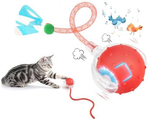 EXTFANS Katzenball Elektrisch mit 2 Schwanzseilen - Elektrischer Katzenspielzeug Ball, Interaktives Katzenspielzeug mit 4 Modi & Vogelstimmen, 360° Powerball & USB-Ladung, mit LED-Leuchten (Rot)
