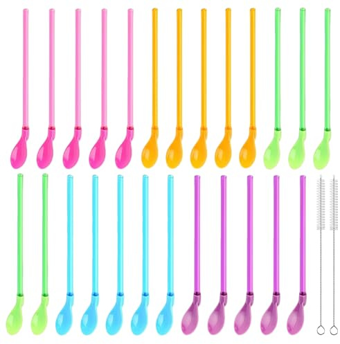 25 Stück Slush Ice Strohhalm mit Löffel, 2-in-1 Trinkhalme mit 2 Strohhalm Bürste, Wiederverwendbarer Löffelstrohhalme, Slush Strohhalme, Löffelhalme Trinklöffel Plastik für Slushy Smoothie Milchshake