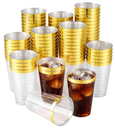 UNGFEI Set of 80 Clear Plastic Cups with Gold Rim 360ml/12oz, Party and Wedding Supplies Cup for Cocktail Champagne Beer Wedding & Party Supplies