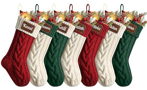 Weihnachtsstrumpf Personalisiert Nikolausstrumpf mit Ledernamen 46cm groß | wiederverwendbar Weihnachtsdeko zum Aufhängen & Befüllen für Kamin, Tür & Baum, feiner Strick, Geschenk für Familie Kinder