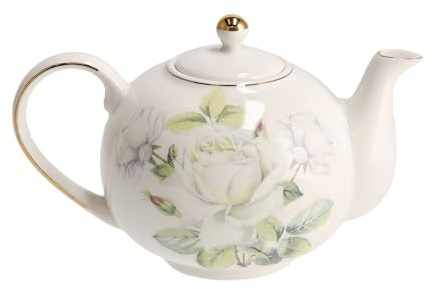 home&you - Teekanne Arrosa, 1000ml, mit Deckel, Kanne für Tee, Kaffee, Geschirr, Rosen Dekor, New Bone China, Teekannen Porzellan, Kaffeekanne 13.5x14x21cm - Weiß