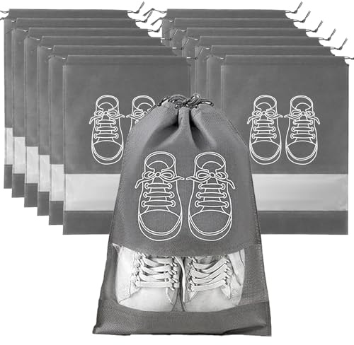 12 Pièces Sac à Chaussures de Voyage, Housses Gris avec Fenêtre Transparente, Anti-Poussière et Lavable en Tissu Non-Tissé, Pliable pour Rangement Chaussures Portable et Accessoires de Voyage