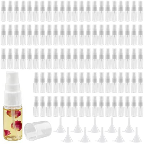 MUKSUET 100 PCS 10ml Mini Plastic Spray Bottle, Refillable Spray Bottle, Clear Fine Mist Spray Bottles with Funnels, Empty Travel Atomiser Containers for Essential Oils, Perfumes