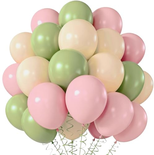 Rosa gröna ballonger, 60 st pastell rosa salvia grön naken latexballonger 12 tum boho grön rosa fest ballong för bröllop dusch födelsedag baby blomma fest dekoration