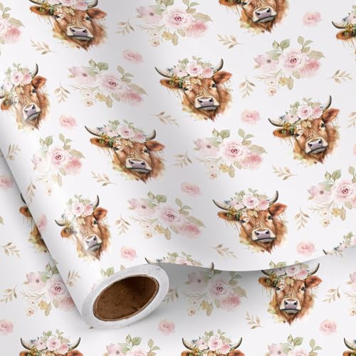 RUSPEPA Mini-Highland-Kuh-Geschenkpapierrolle - Rosa Blumen-Kuhmuster, süßer rustikaler Landhausstil für Mädchen, Kindergeburtstage, Babypartys, Muttertag, 43,2 cm x 5 m