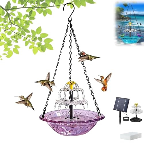 Fontaine-Bain d'oiseaux Solaire Suspendue À 3 Niveaux — Grande Fontaine pour Colibris avec Pompe Solaire Et Vasque, Idéale pour Jardin, Cour, Terrasse Ou Pelouse.