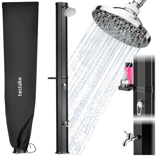 tectake® Soldusch 35 L, utomhusdusch med solenergi 60°c med vattentank, trädgårdsdusch med 360°, vridbar regndusch, med hylla & skyddsfodral, dusch med slanganslutning samt väderbeständig - Svart
