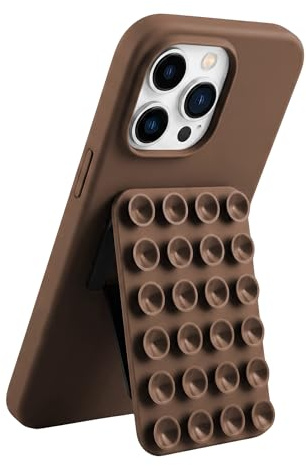 Rokmym Custodia per iPhone 14 Pro con supporto a ventosa, supporto a mani libere, per selfie e video, in morbido silicone, resistente ai graffi, colore caffè