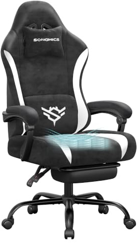 SONGMICS Gaming Stuhl, Ergonomischer Bürostuhl, PU, belastbar bis 150 KG | Mit Fußstütze und Lendenkissen, 135° Neigung, Tintenschwarz und Wolkenweiß, CATHY Kollektion OBG092BH01