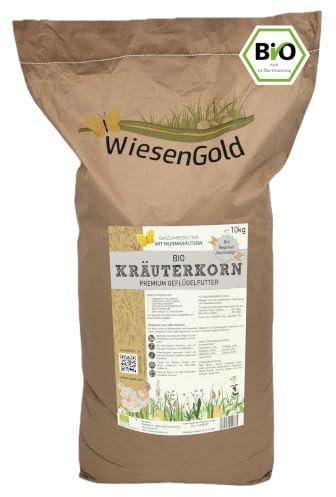 Bio Hühnerfutter mit Wurmkräutern, Bio KräuterKorn (10 kg), WiesenGold, Ergänzungsfutter, mit Oregano & Leinsamen, Körnerfutter für Hühner, Wachteln, Enten & Gänse