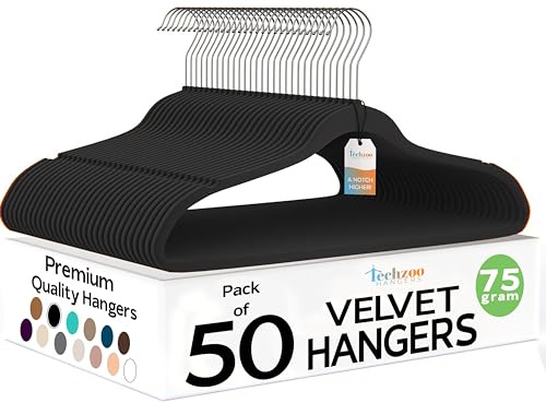 Techzoo 50 Pack New Premium Quality Velvet Hangers Ultra Thin Non Slip Adult Felt Space Saving Hangers for Closet Heavy Duty Coat Pants Jackets Dress Hangers 360° Swivel Hook Hold Upto 10 lbs Black