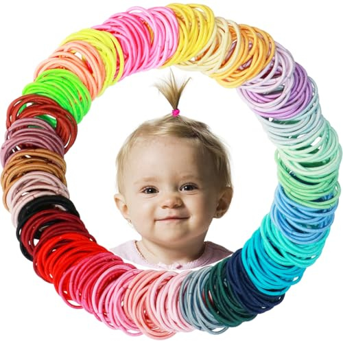WillingTee Baby hårband flerfärgade för flickor – fingerband, tunna hästsvanshållare tillbehör för nyfödda spädbarn småbarn (2 cm i diameter, 200 stycken)