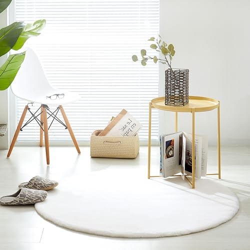 Teppich Wölkchen Fluffig Matta Av Fuskpäls - Kaninpäls, Kort Päls, Hög Pälsmatta För Vardagsrum Eller Sovrum Sängmatta, Deco Sittdyna För Soffa - Vit - 120cm Rund