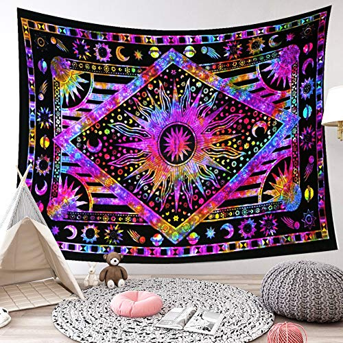 LIGICKY Indisch Psychedelic Wandteppich Mandala Indischer Bohemian Wandbehang Boho Baumwolle Hippie Wandtuch/Meditation Yoga Mats (Sonne Mond Sterne, Lila，150 x 200cm)