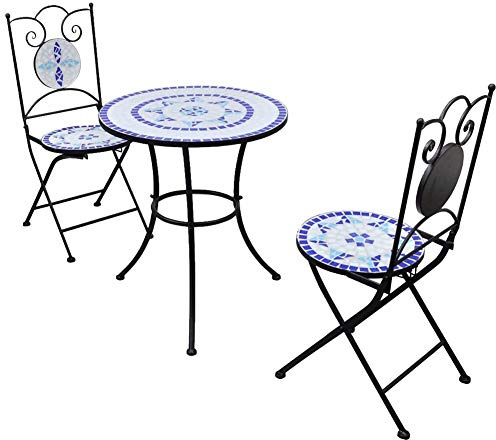 Wakects Set da Bistrot con Tavolo in Mosaico e 2 Sedie, Mobili da Giardino in Piastrelle di Ceramica, Blu e Bianco