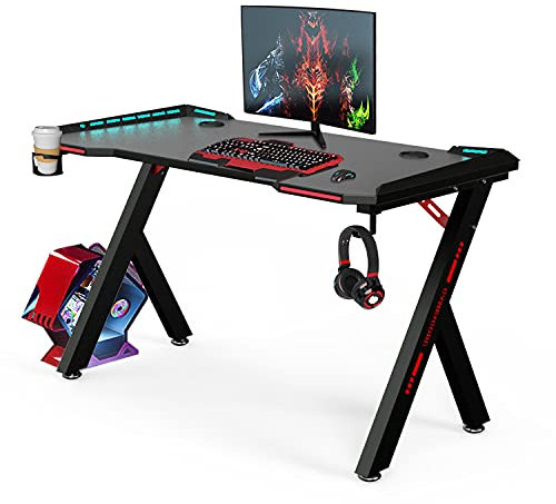 bigzzia Gaming Desk RGB Lighting Ergonomic Gamer Workstation, Carbon Fibre Surface, Cup Holder and Headphone Hook, 120 * 60 * 72cm