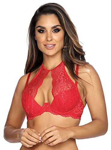 Axami Dame Bügel BH Spitze Geblümt Träger Neckholder V-9531, Rot,80D