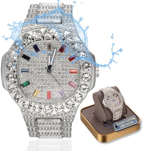 Halukakah Premium-Diamant Gold Uhr Für Männer - Platin Weißgold Plattiert,Extragroßes,Diamanten Besetztes Zifferblatt mit Mehrfarbigen Edelsteinen,Iced Out,24cm Armband, mit Geschenkbox