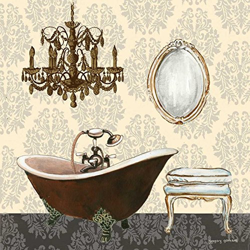 CANVAS-FRAMED-with-AMERICAN-BOX French Bath Motif II Gorham Gregory - Bath square Art print cream tan black gray grey bathtub sink mirror stoo Floating frame 16_X_16_in