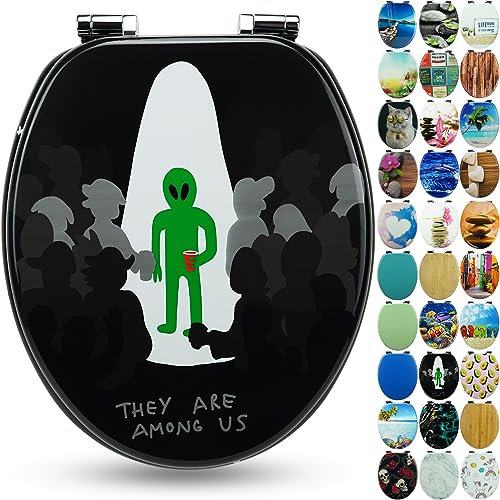 SANFINO® Premium WC Sitz mit Absenkautomatik – hochwertige Toilettendeckel aus Holz, viele bunte Motive, hoher Sitzkomfort, einfache Montage inklusive Montageanleitung – Alien